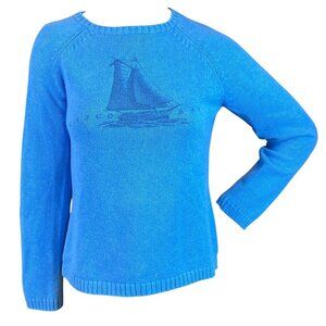 L.L. Bean Sailboat Graphic Cotton Sweater Sz M Reg Blue Casco Bay Maine #117S